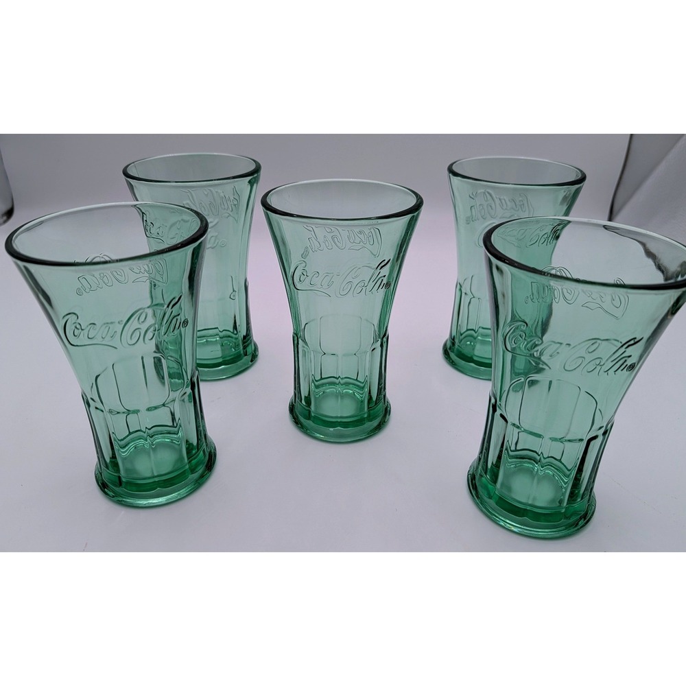 Coca-Cola Libbey Georgia Green Glass Tumblers 6 inch Bell Shape Set of 5